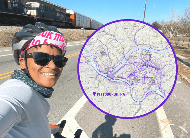 An of a female cyclist wearing a cycling cap, smiling at the camera. An illustration of a map with purple heatmap lines is superimposed.