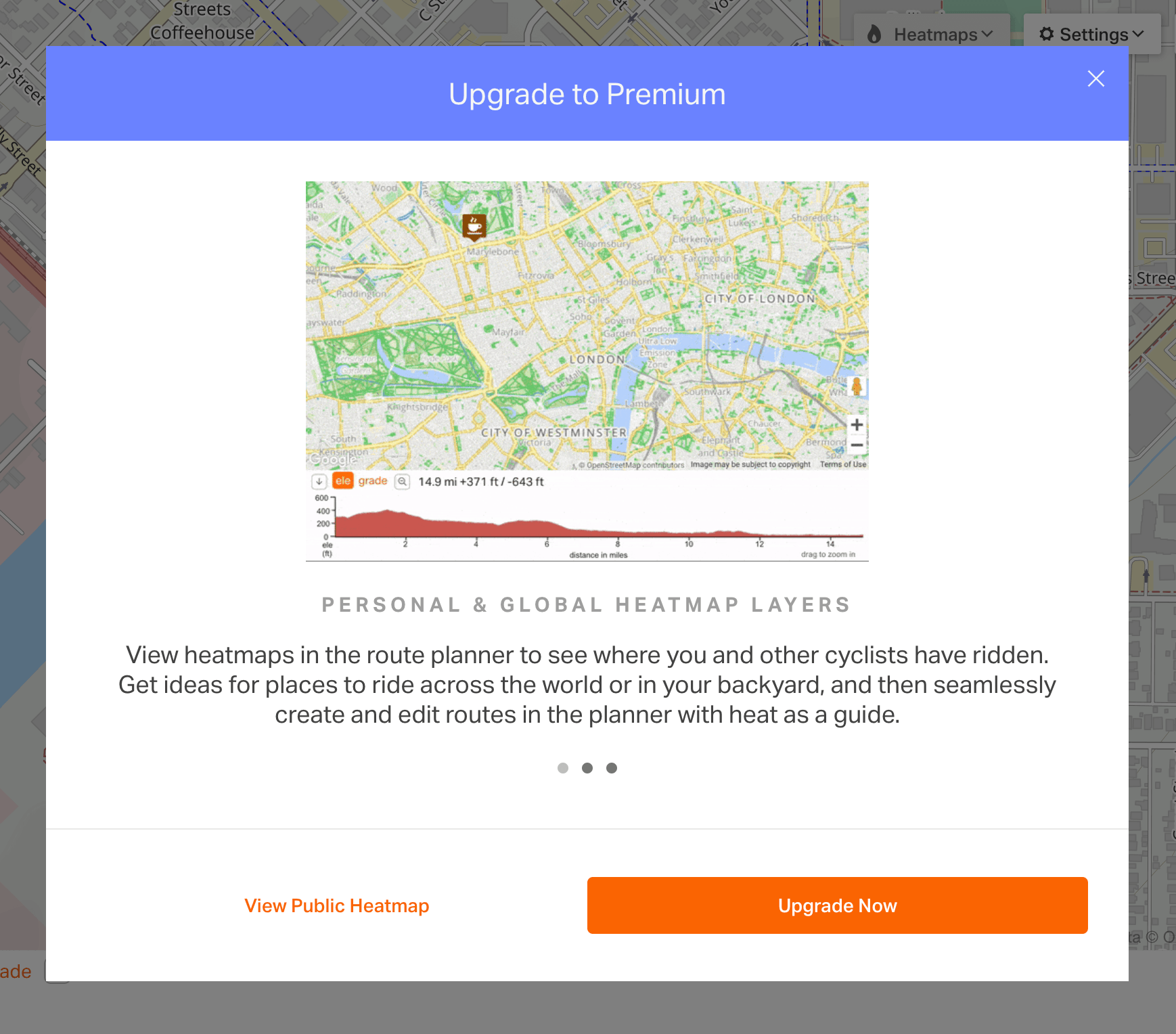 An screenshot of a modal prompting a user to upgrade to Premium to use the Personal Heatmaps feature.